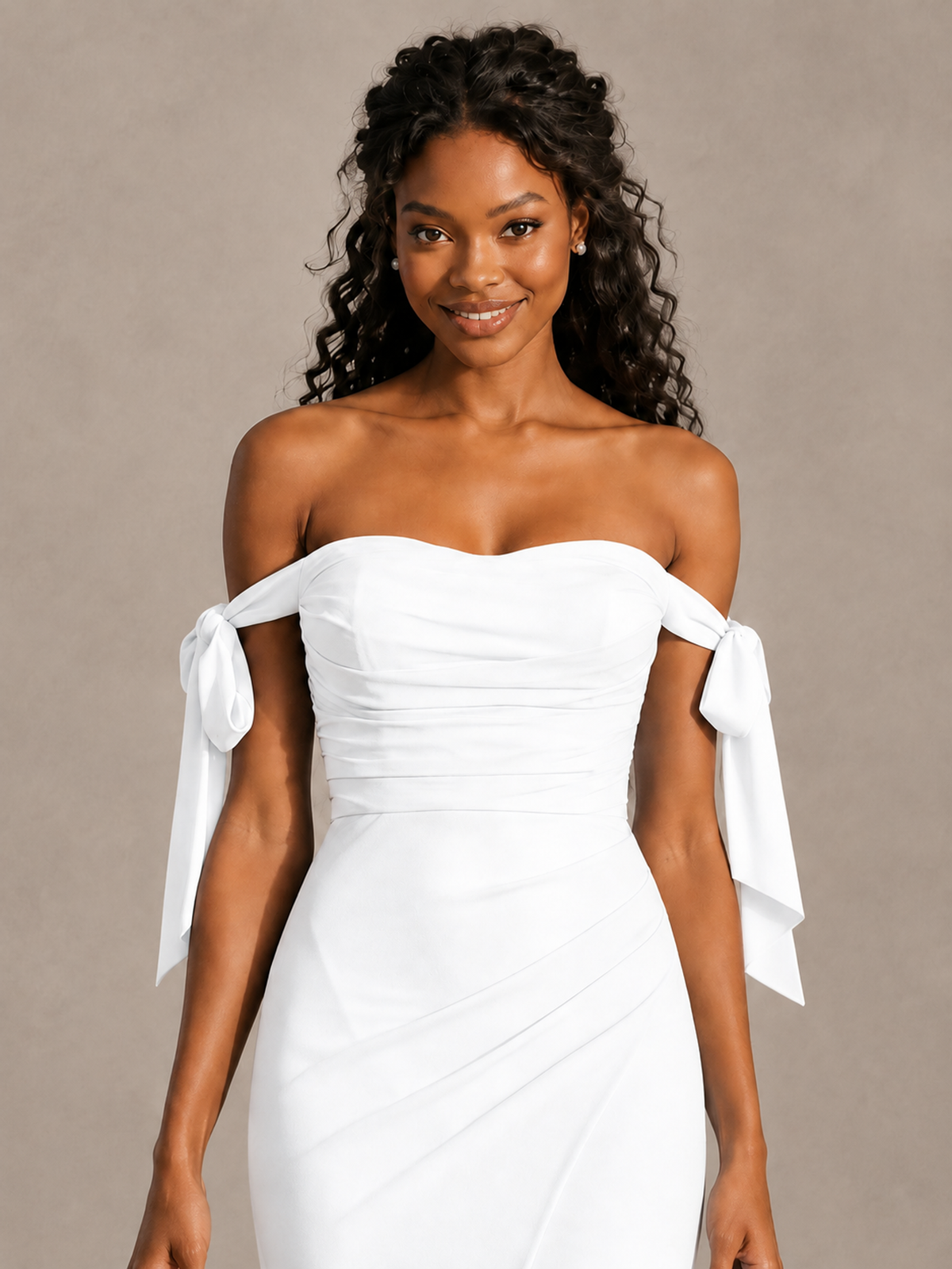 White Off-Shoulder Bow Bridesmaid Dress with Slit - White - White (4)