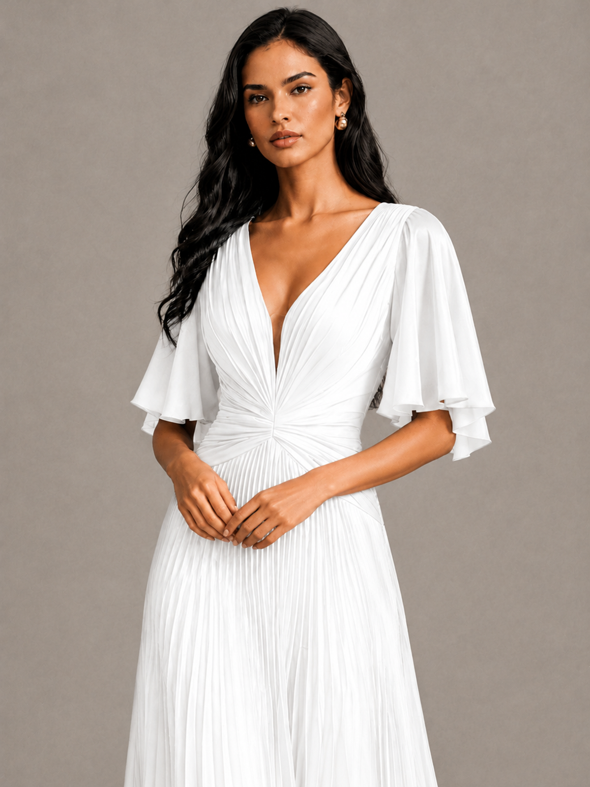 BOLODOO White Pleated V-Neck Flutter Sleeve Bridesmaid Dress - White - White (4)