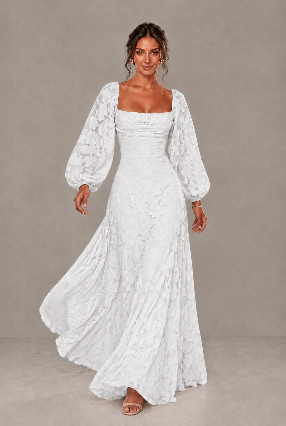 BOLODOO Floral White Long Sleeve A-Line Dress with Lace-Up Back - White