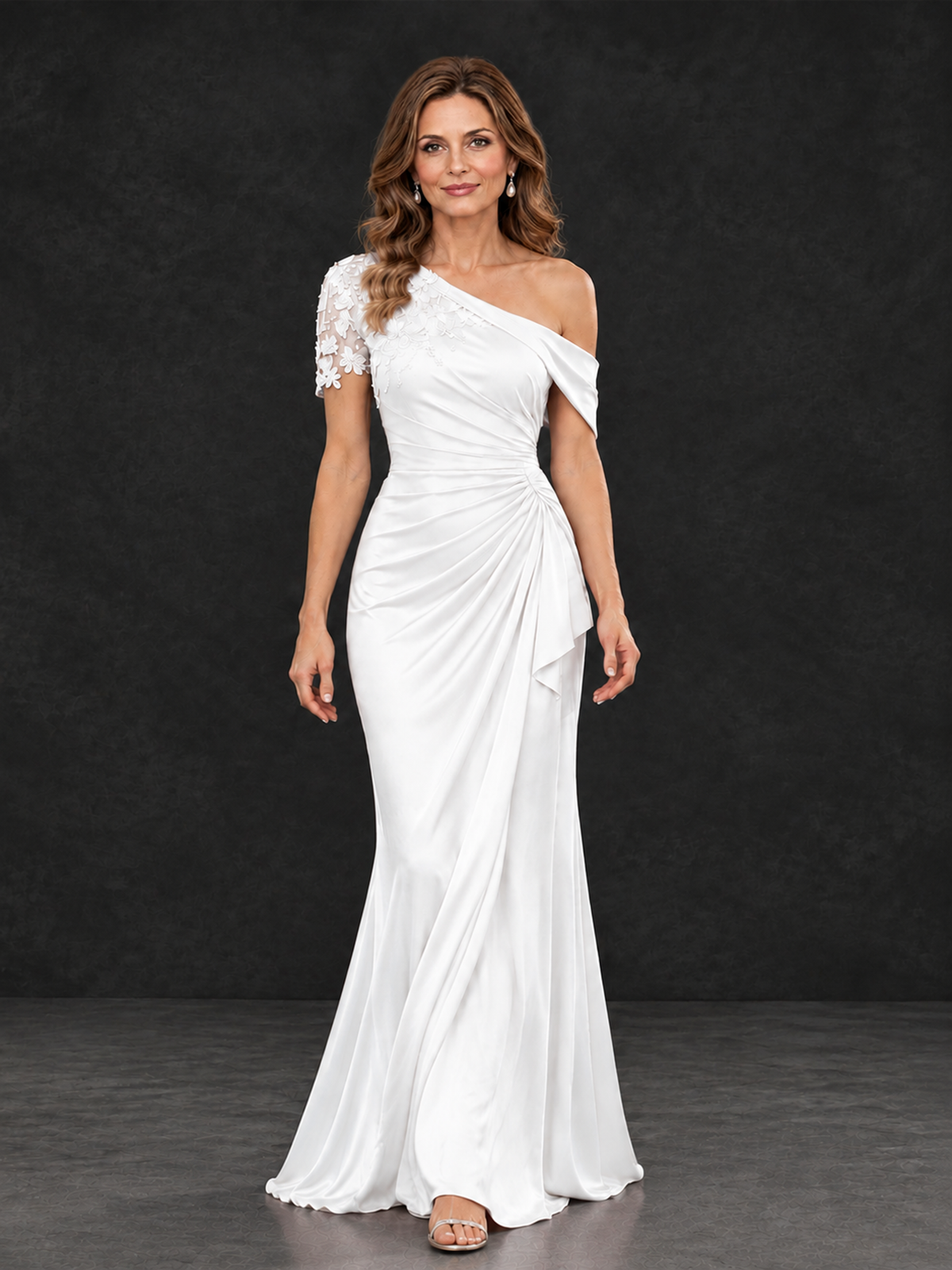 BOLODOO White Asymmetric Satin Mother of the Bride Dress with Lace Sleeve - White - White (4)