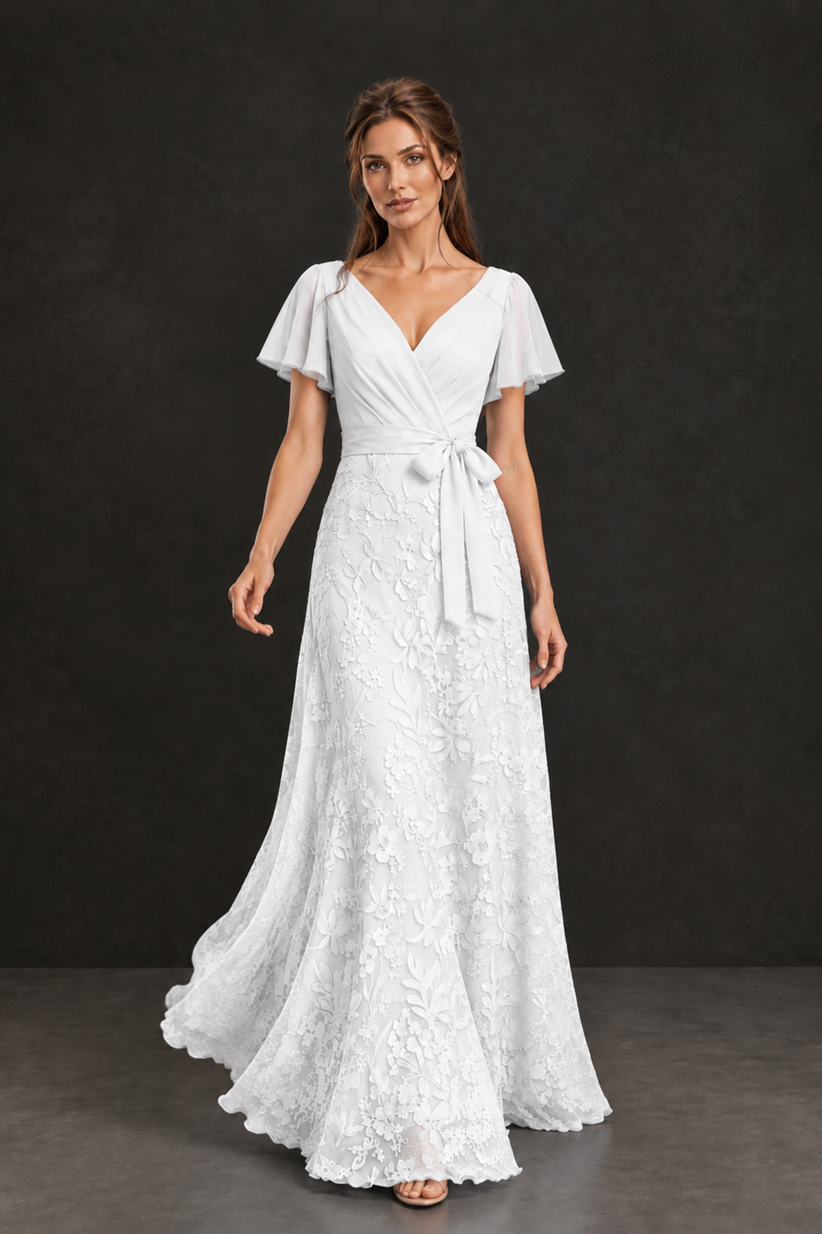 BOLODOO White Flutter Sleeve Lace Mother of the Bride Dress - White