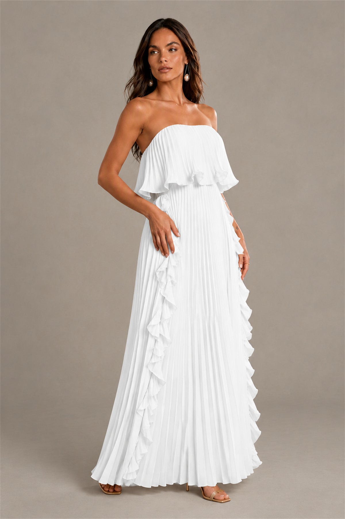 BOLODOO White Strapless Ruffle Bodice Dual Cascading Ruffle Accordion Pleated Chiffon Maxi Dress - White