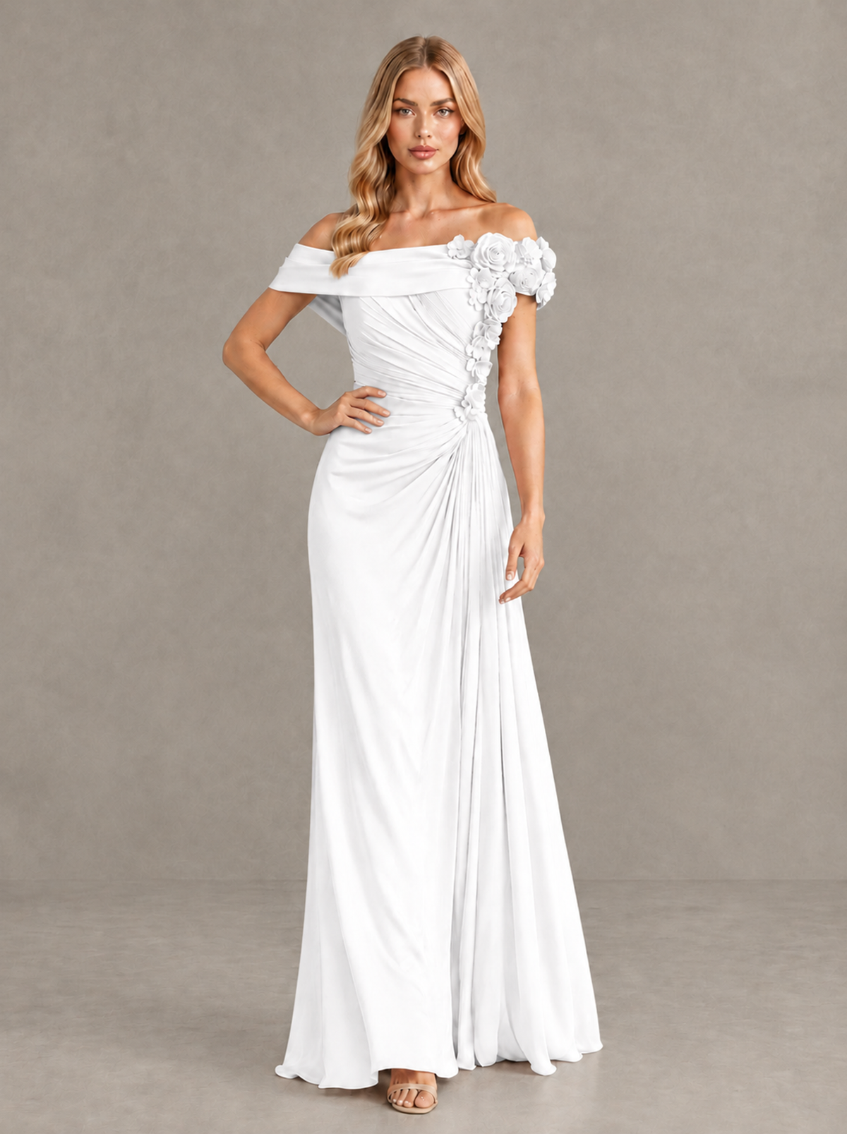 BOLODOO White Off-Shoulder Floral Applique Wedding Guest Maxi Dress - White - White (4)