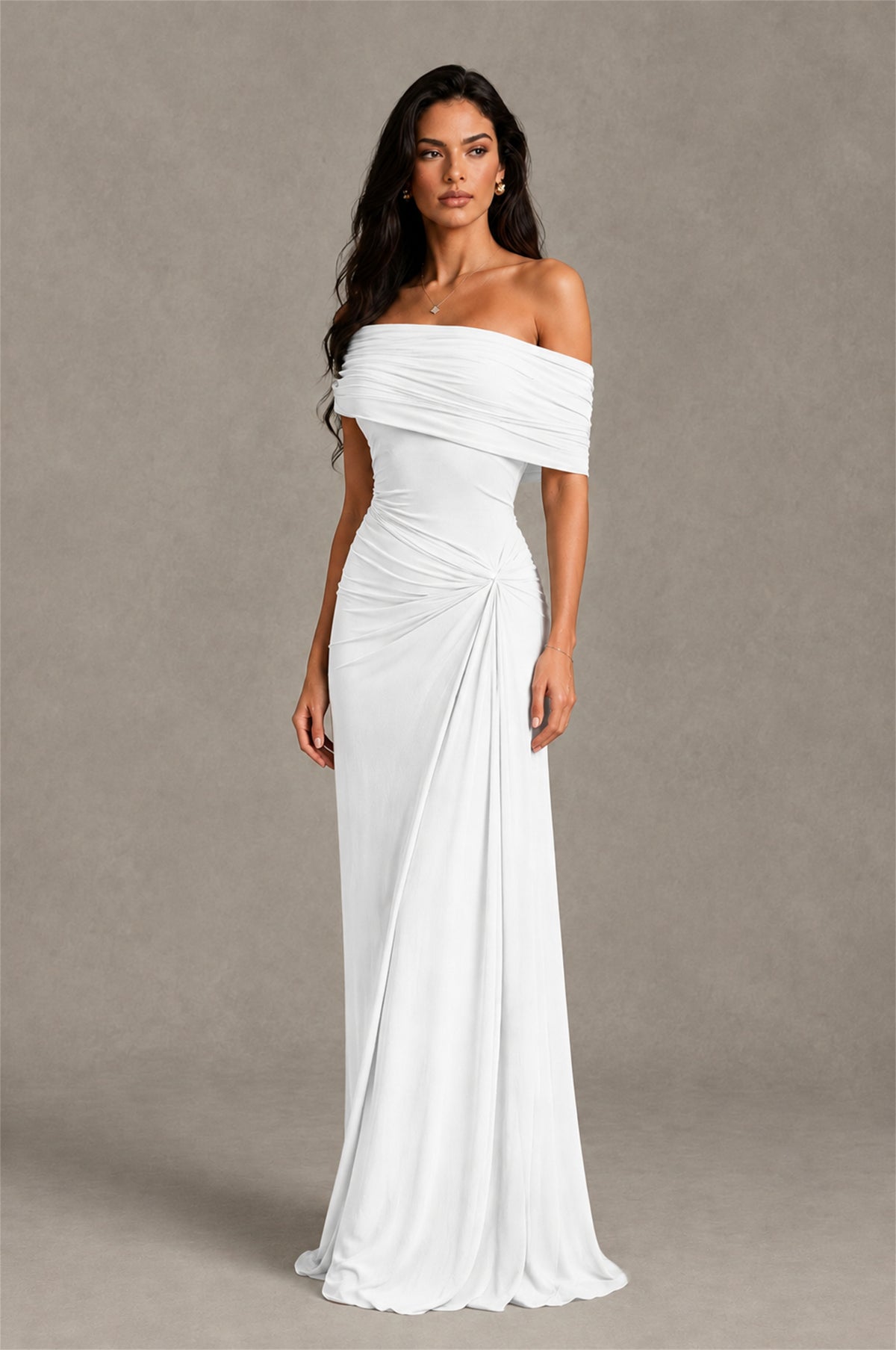 BOLODOO White Off-Shoulder Ruched Maxi Dress - White