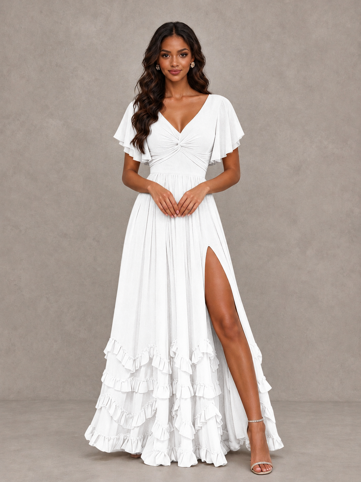 BOLODOO White V-Neck Flutter Sleeve Ruffle Bridesmaid Dress with Slit - White - White (4)