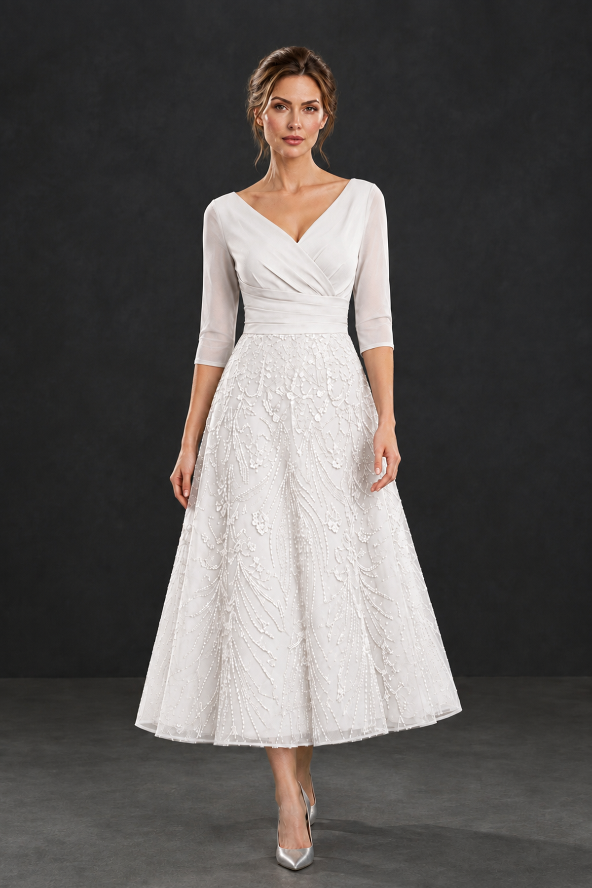 BOLODOO White V-Neck Tea-Length Lace Mother of the Bride Dress - White