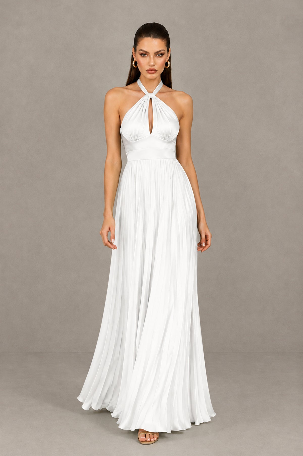 BOLODOO White Halter Pleated A-Line Evening Dress - White - White (4)