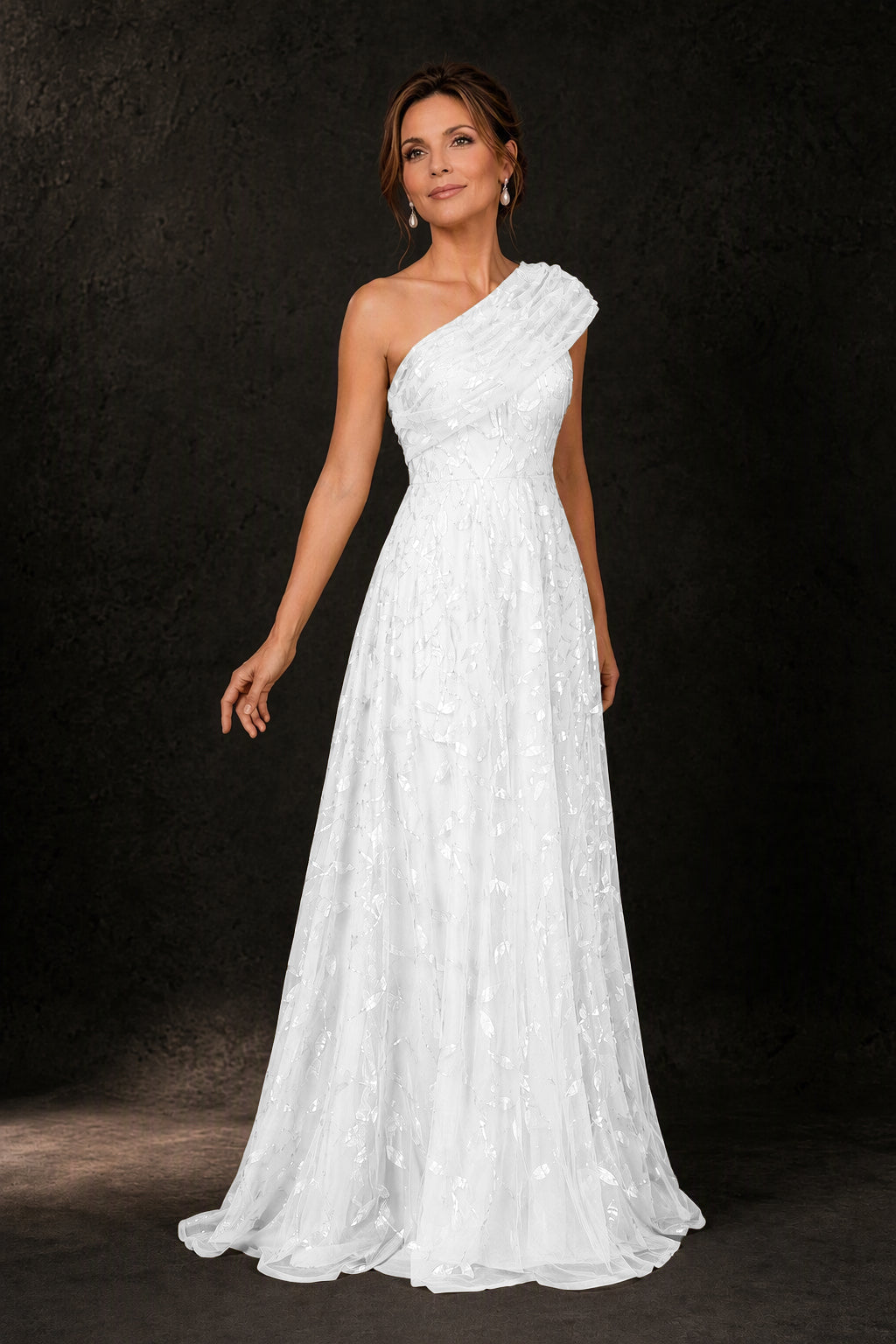 BOLODOO White Leaf Sequin One-Shoulder A-Line Maxi Gown – Mother of the Bride & Formal Evening Dress - White