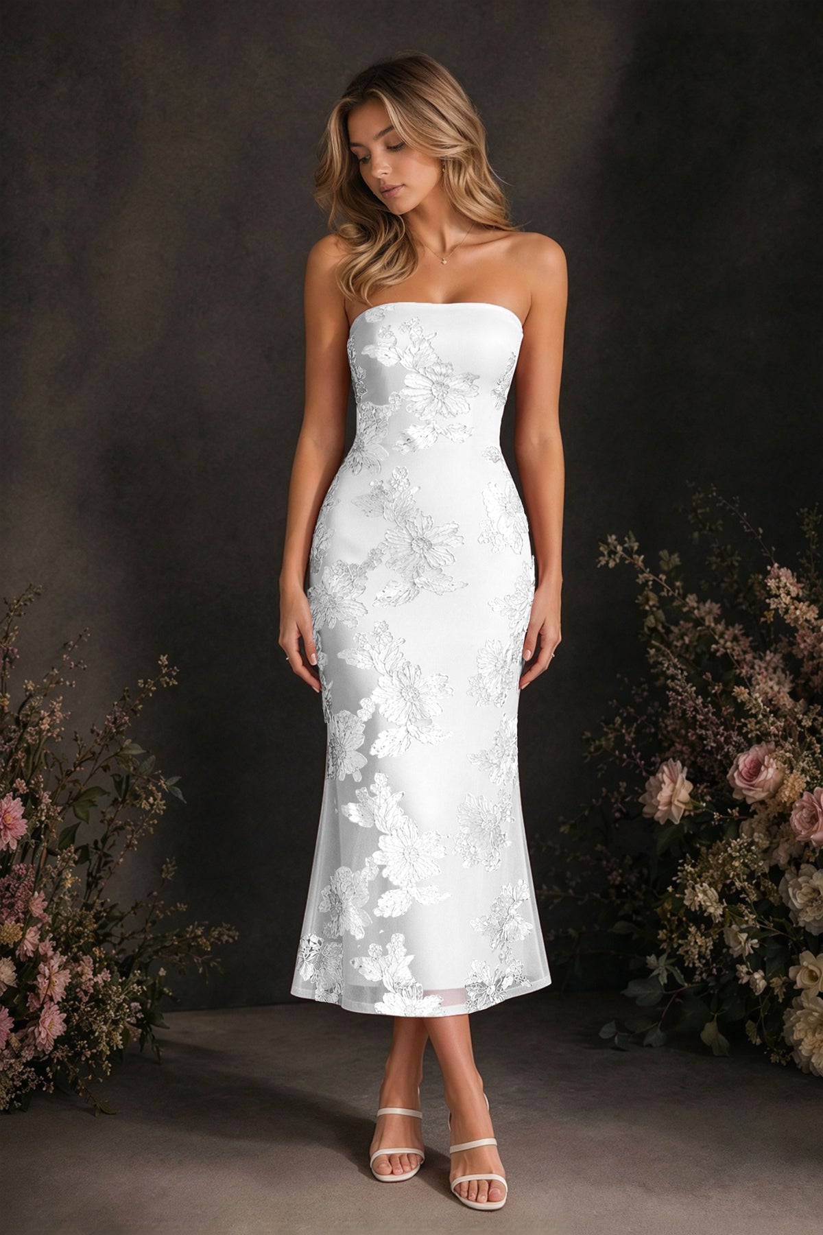 BOLODOO White Tonal Floral Embroidered Mesh Strapless Open Back Bodycon Midi Tea Length Dress - White