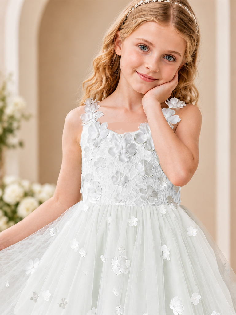 BOLODOO White Flower Girl Dress with Floral Appliqué and High-Low Tulle Skirt - White