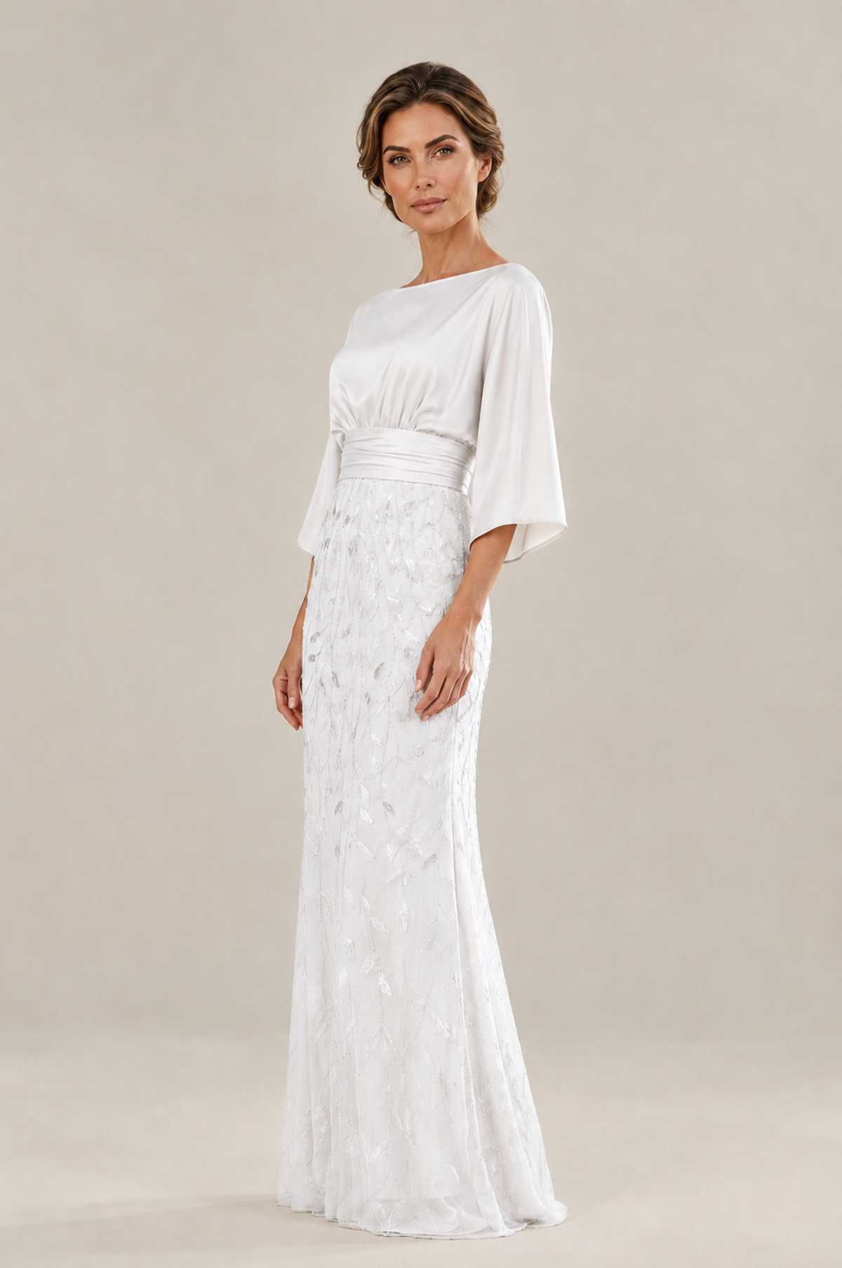 BOLODOO White Mother of the Bride Dress with Kimono Sleeves, Satin Bodice & Sequin Embroidered Mermaid Floor-Length Gown - White - White (4)