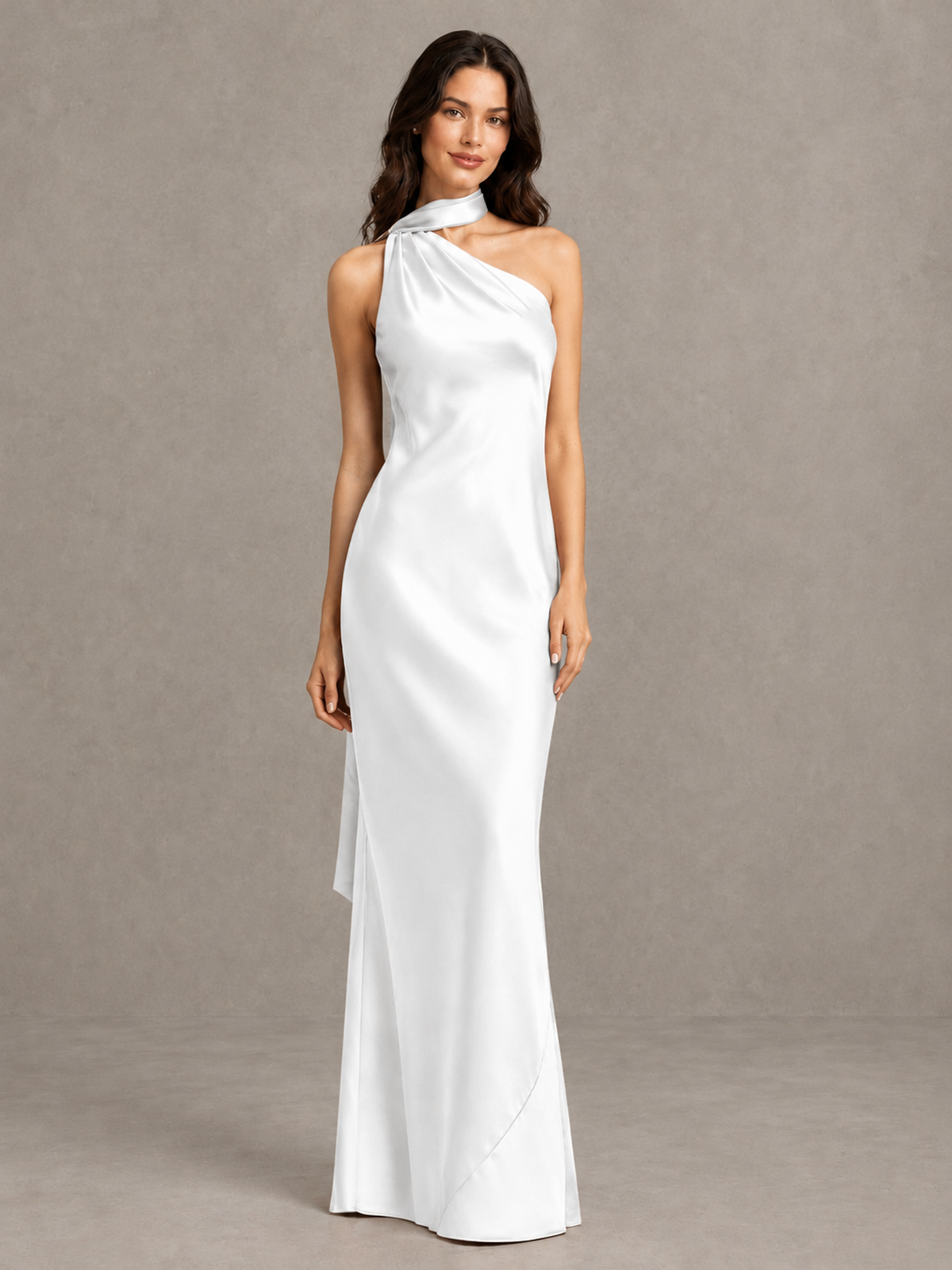BOLODOO White Satin One-Shoulder Bridesmaid Dress with Open Back - White - White (4)