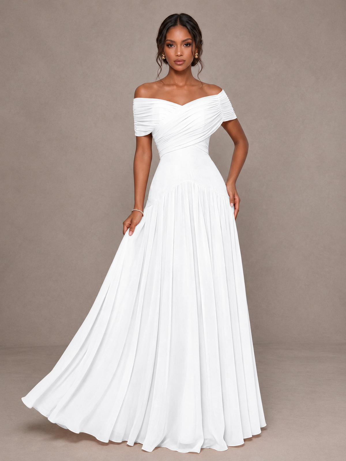 BOLODOO White Off-Shoulder Ruched A-Line Bridesmaid Dress - White - White (4)