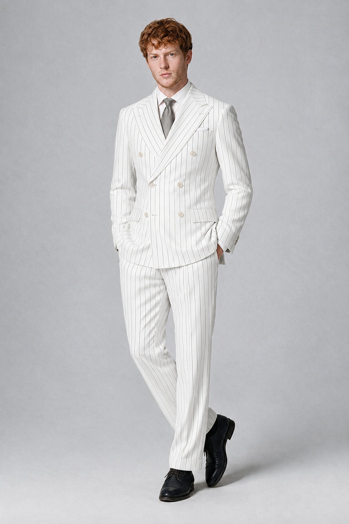 Bolodoo Men's White Pinstripe Double-Breasted 2-Piece Suit – Jacket & Trousers - White - White (4)