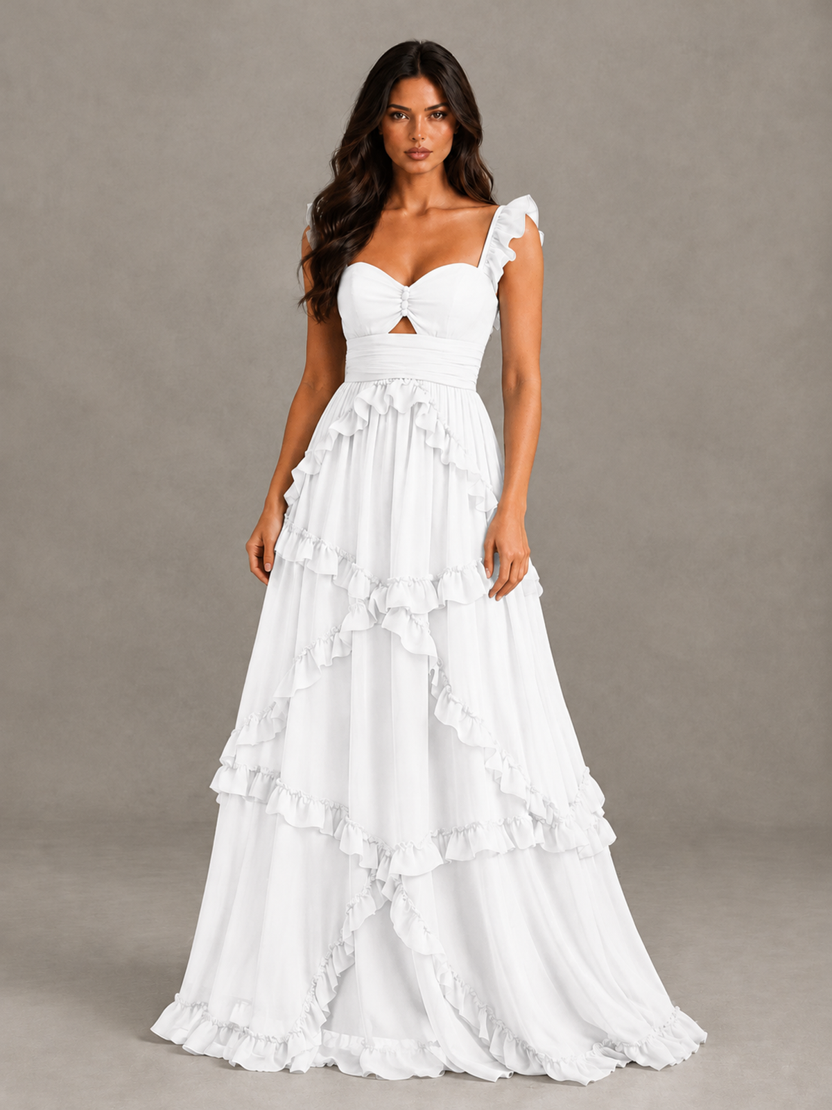 BOLODOO White Ruffle A-Line Prom Dress with Open Back - White - White (4)