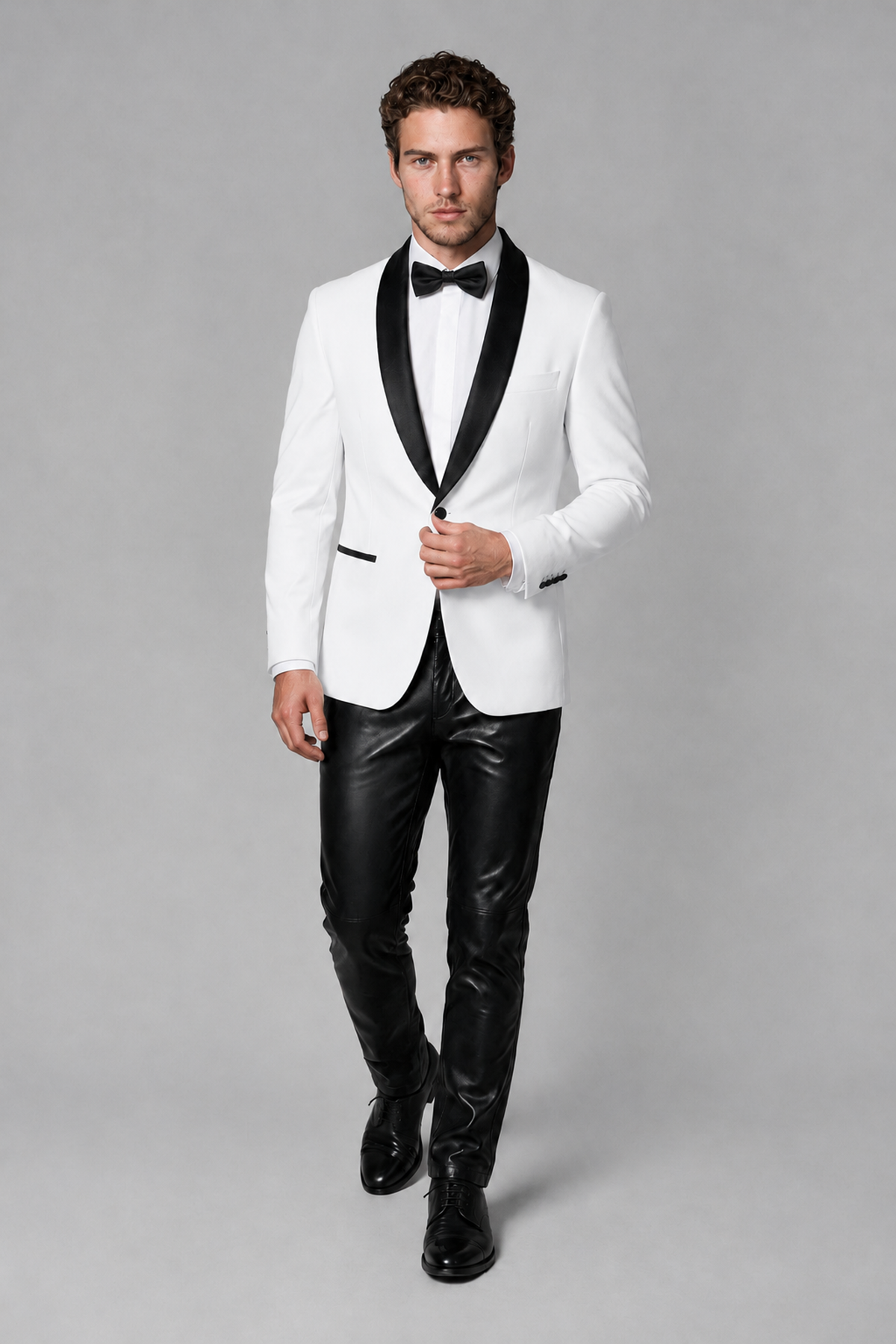 BOLODOO Men's White Tuxedo Blazer | Black Shawl Lapel Single-Breasted Formal Jacket - White - White (4)