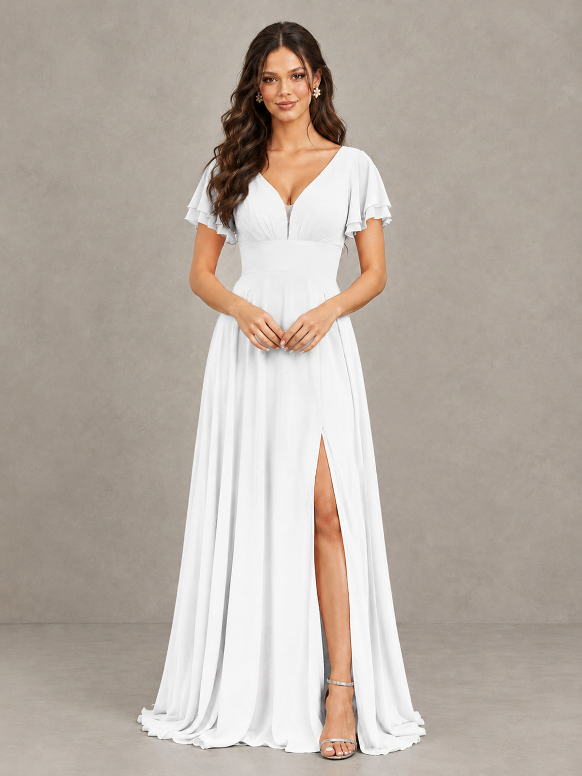 BOLODOO White Flutter Sleeve Chiffon A-Line Maxi Bridesmaid Dress with Open Back & Slit - White - White (4)