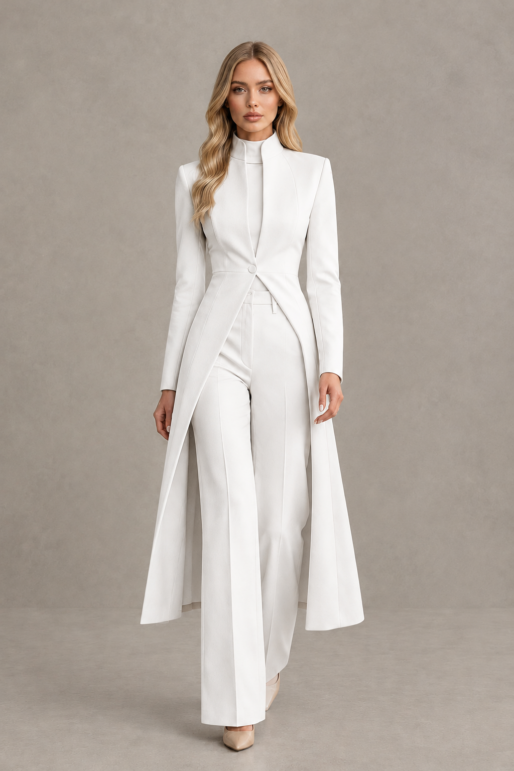 BOLODOO White Longline Jacket Wide-Leg Formal Pantsuit - White