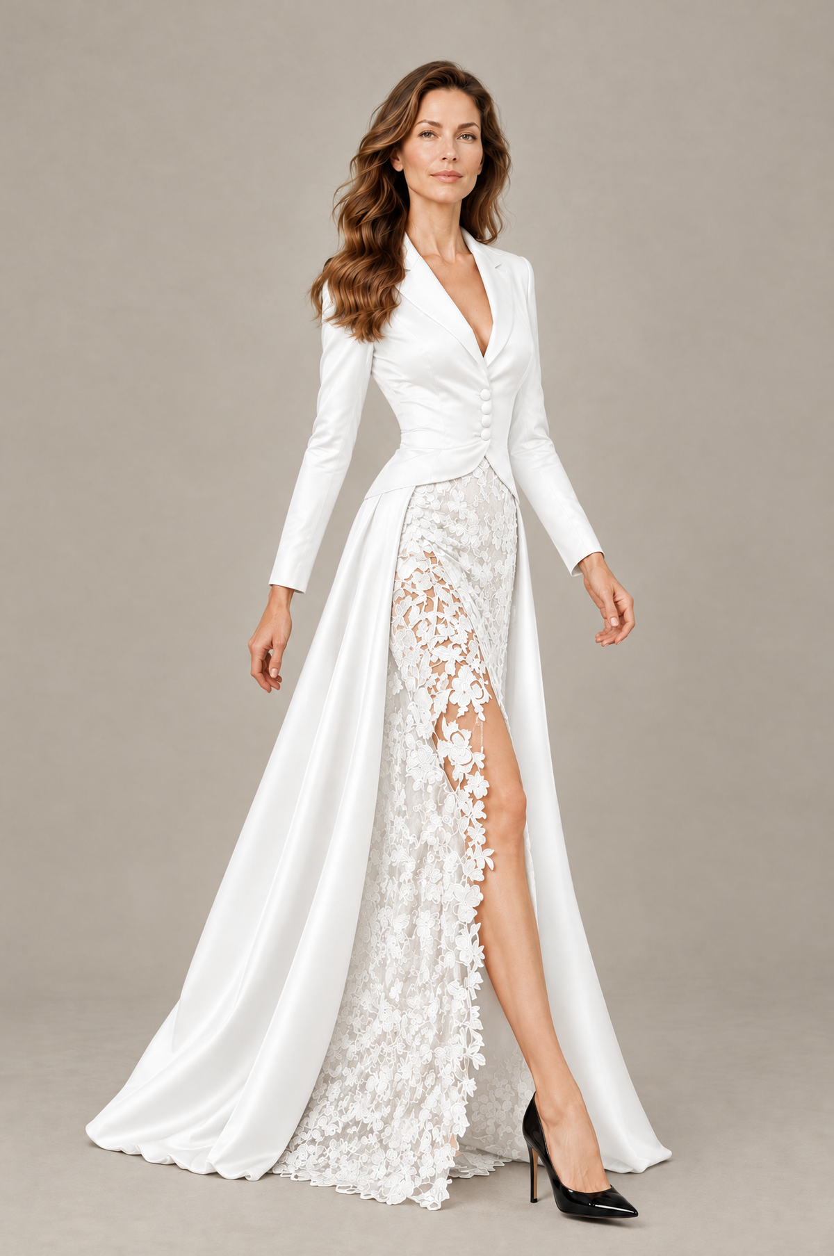 BOLODOO White Long Sleeve Lace Blazer Gown with High Slit - White - White (4)