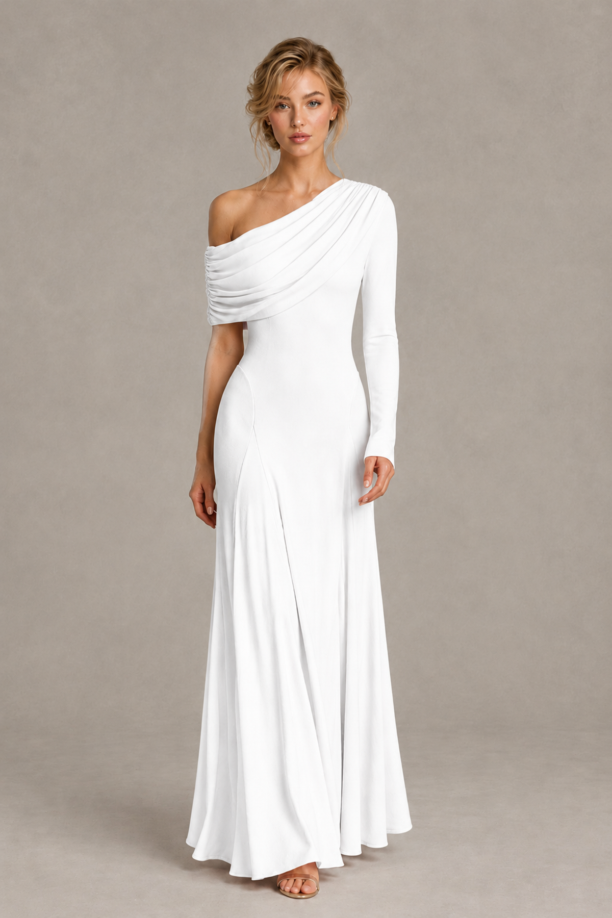 BOLODOO White Asymmetric Draped Long Sleeve Evening Gown - White