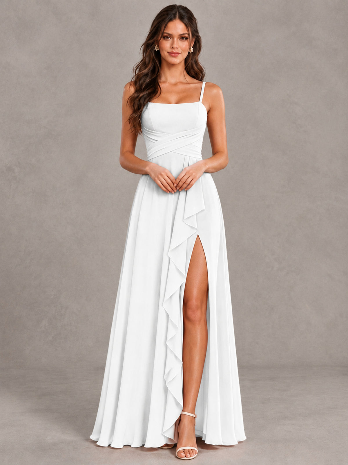 BOLODOO White Spaghetti Strap Ruffle Bridesmaid Dress with Slit - White - White (4)