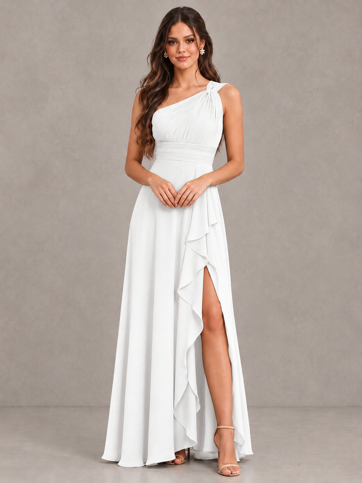 BOLODOO White One-Shoulder Ruffle Bridesmaid Dress with Slit - White - White (4)
