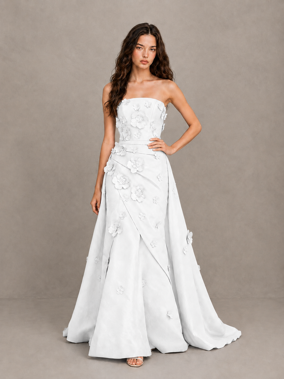 BOLODOO White Strapless 3D Floral Applique Prom Gown with Draped Skirt - White - White (4)