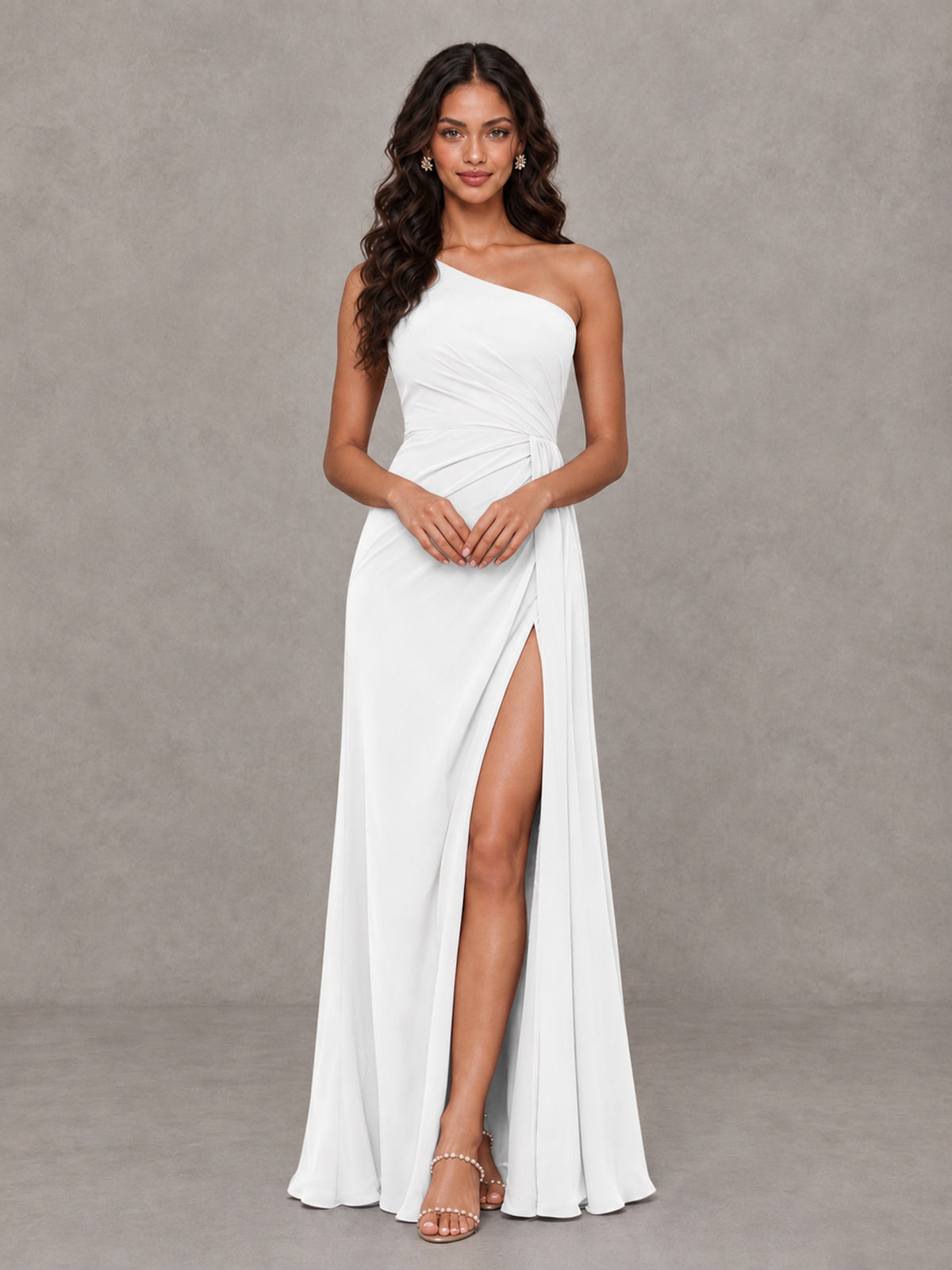 BOLODOO White One-Shoulder Chiffon Bridesmaid Dress with Ruched Bodice & High Slit - White - White (4)