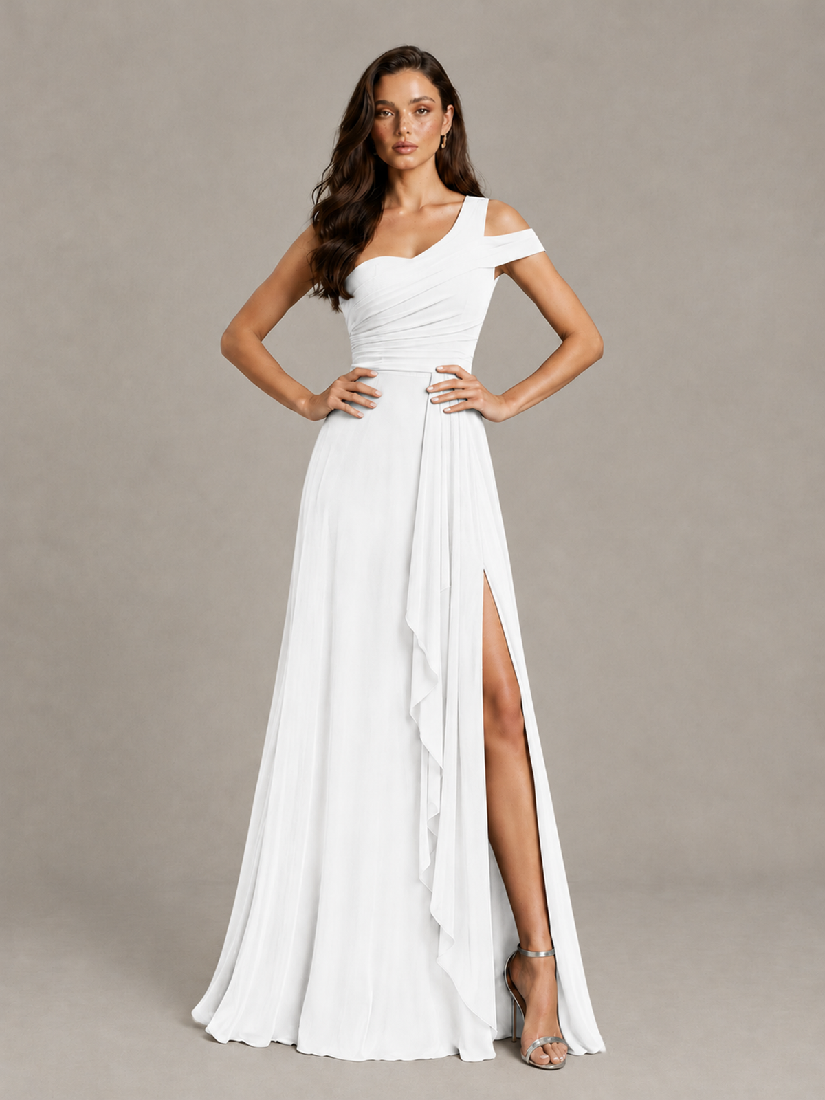 BOLODOO White One-Shoulder Bridesmaid Dress with Side Slit - White - White (4)