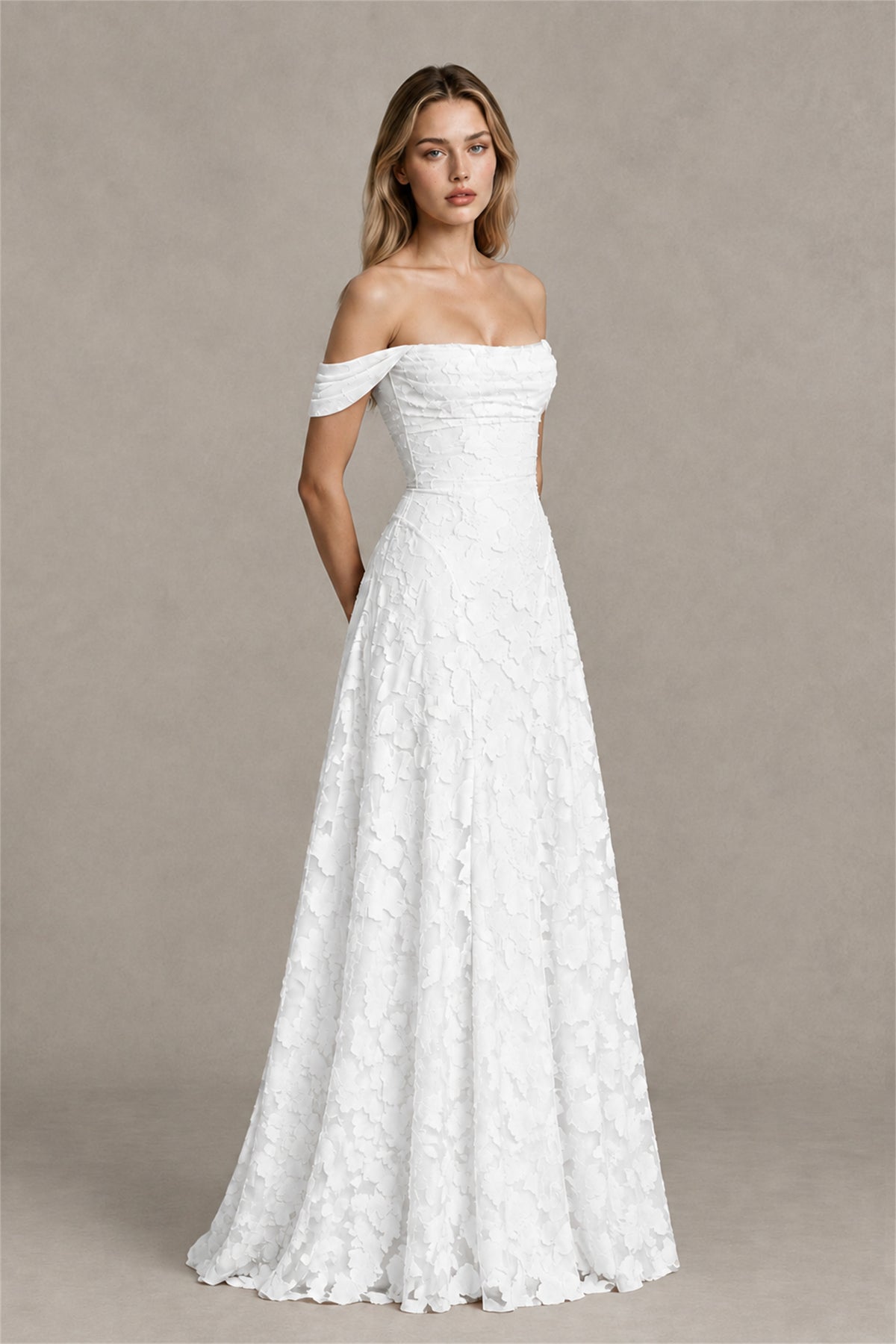 BOLODOO White Off-Shoulder Pleated A-Line Maxi Dress Floral - White