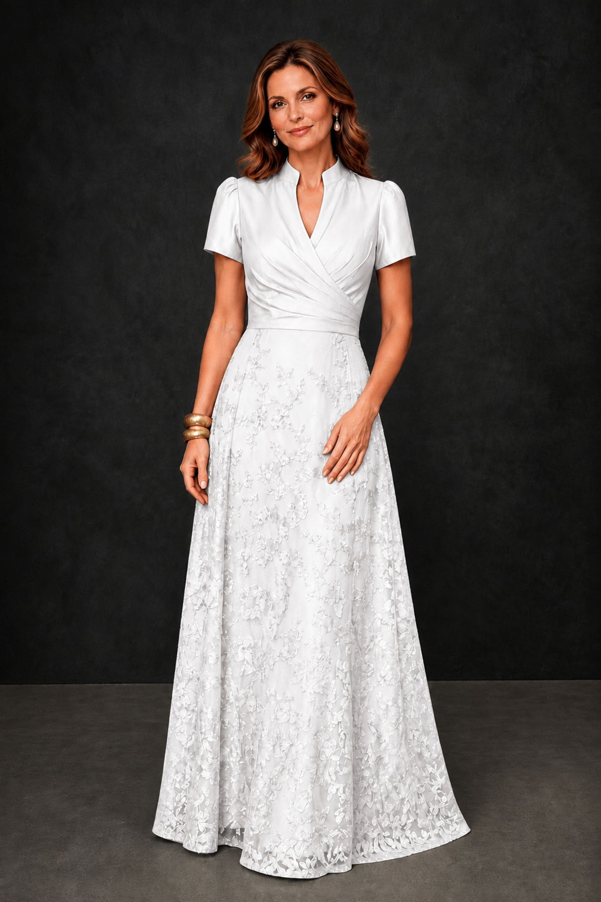 BOLODOO White Satin Wrap V-Neck Short Sleeve Lace Glitter A-Line Floor Length Evening Gown – Formal Dress - White - White (4)