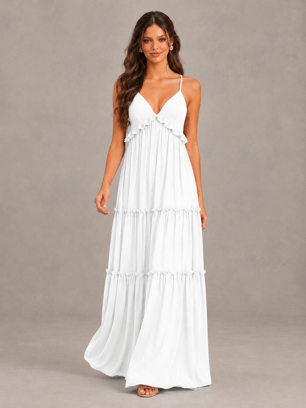 BOLODOO White Tiered V-Neck Lace-Up Back Bridesmaid Dress - White - White (4)