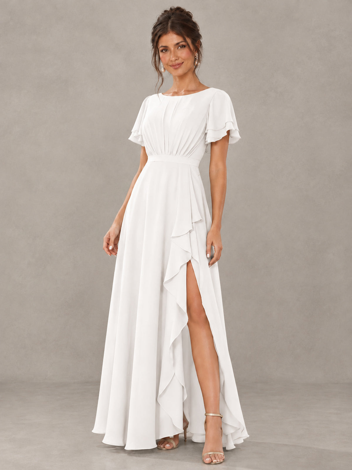 BOLODOO White Flutter Sleeve Ruffle Bridesmaid Dress with Slit - White - White (4)