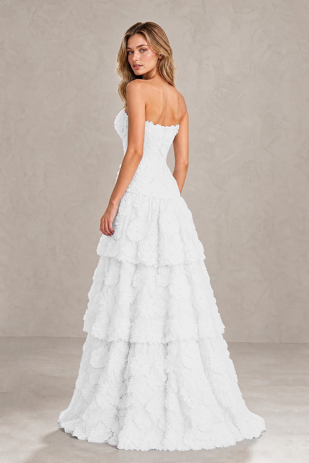 BOLODOO White Strapless 3D Floral Tiered Evening Gown - White