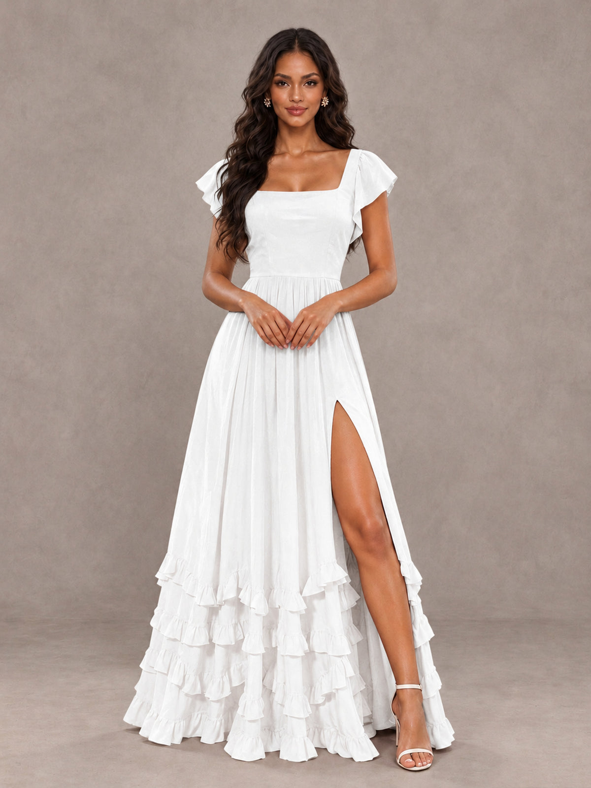 BOLODOO White Flutter Sleeve Ruffle Bridesmaid Dress with Slit - White - White (4)