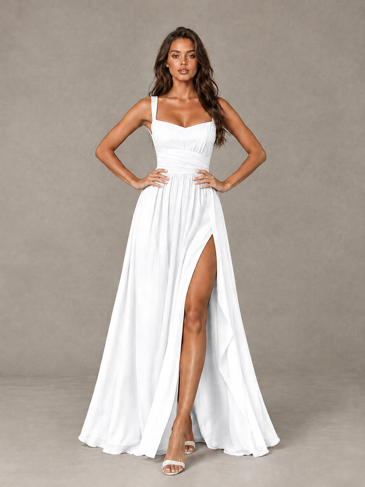 BOLODOO White A-Line Bridesmaid Dress with High Slit & Lace-Up Back - White - White (4)