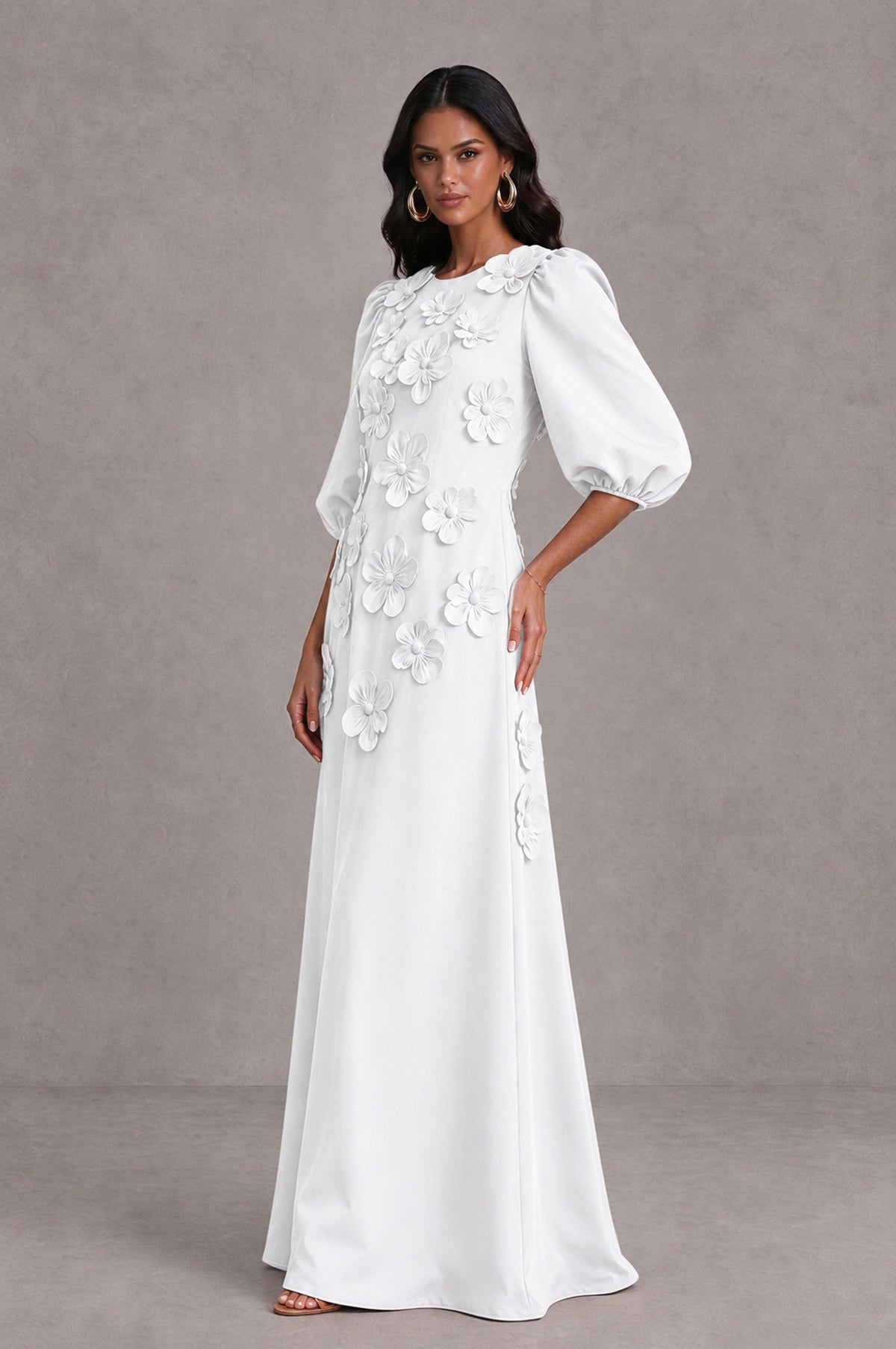 BOLODOO White Floral Applique Puff Sleeve A-Line Evening Dress - White - White (4)