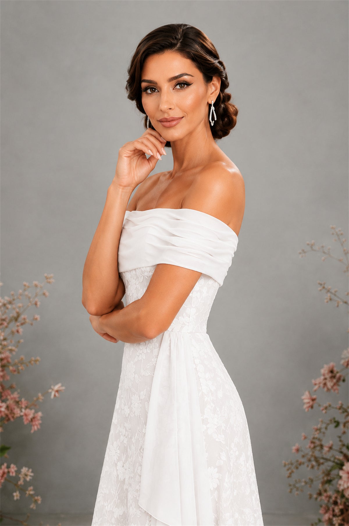 BOLODOO White Floral Embroidered Off-Shoulder A-Line Floor Length Gown | Mother of the Bride & Evening - White - White (4)