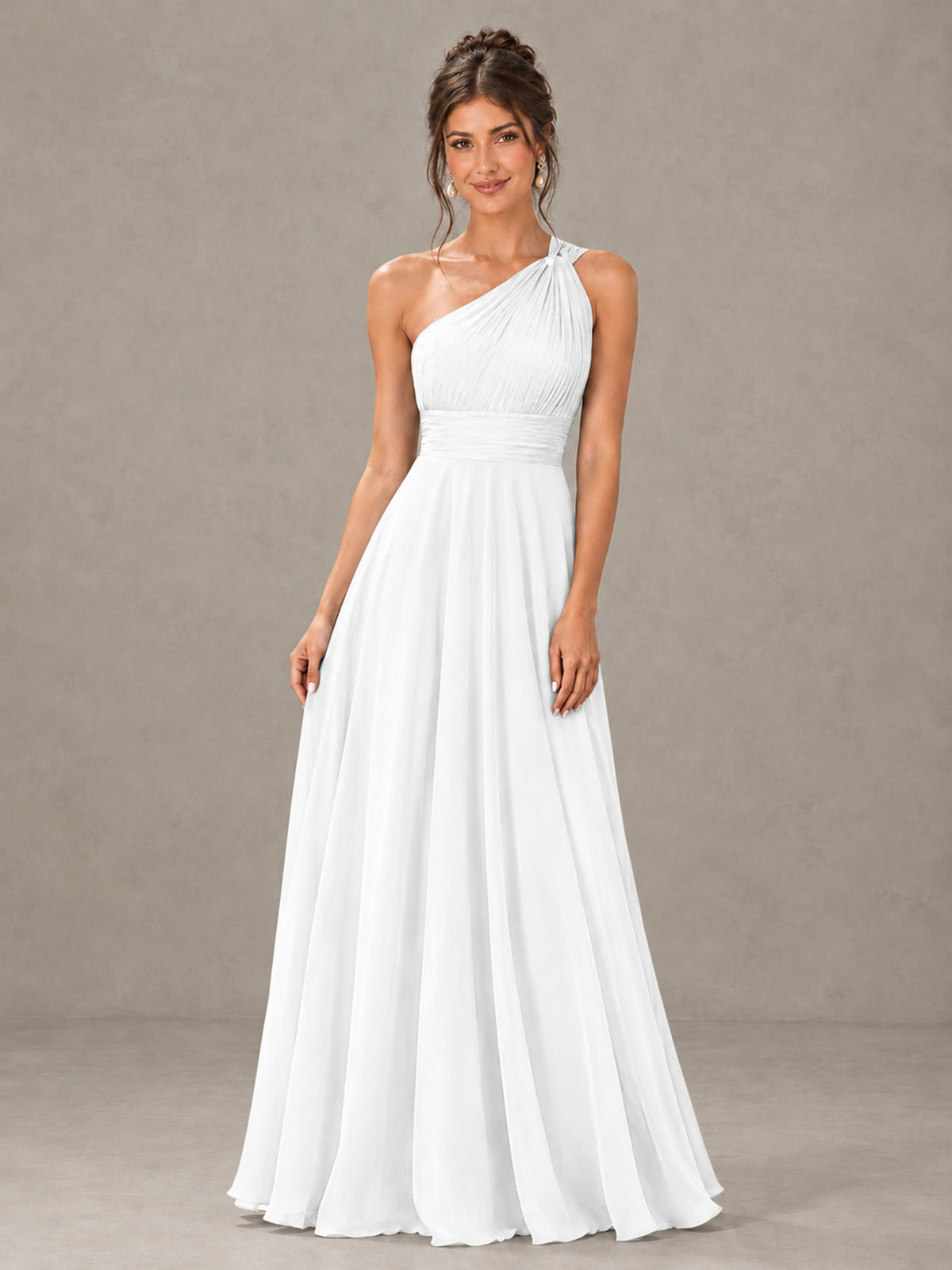 BOLODOO White One-Shoulder Chiffon-Look Bridesmaid Dress - White - White (4)