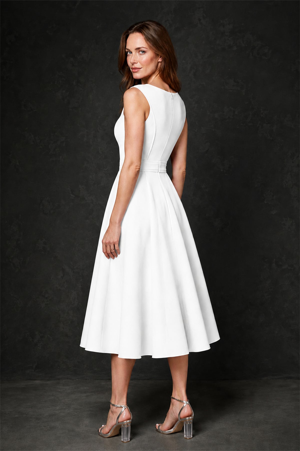 BOLODOO White 3D Rosette Appliqué 3/4 Sleeve Jacket & V-Notch Sleeveless A-Line Tea-Length Two-Piece Dress Set - White