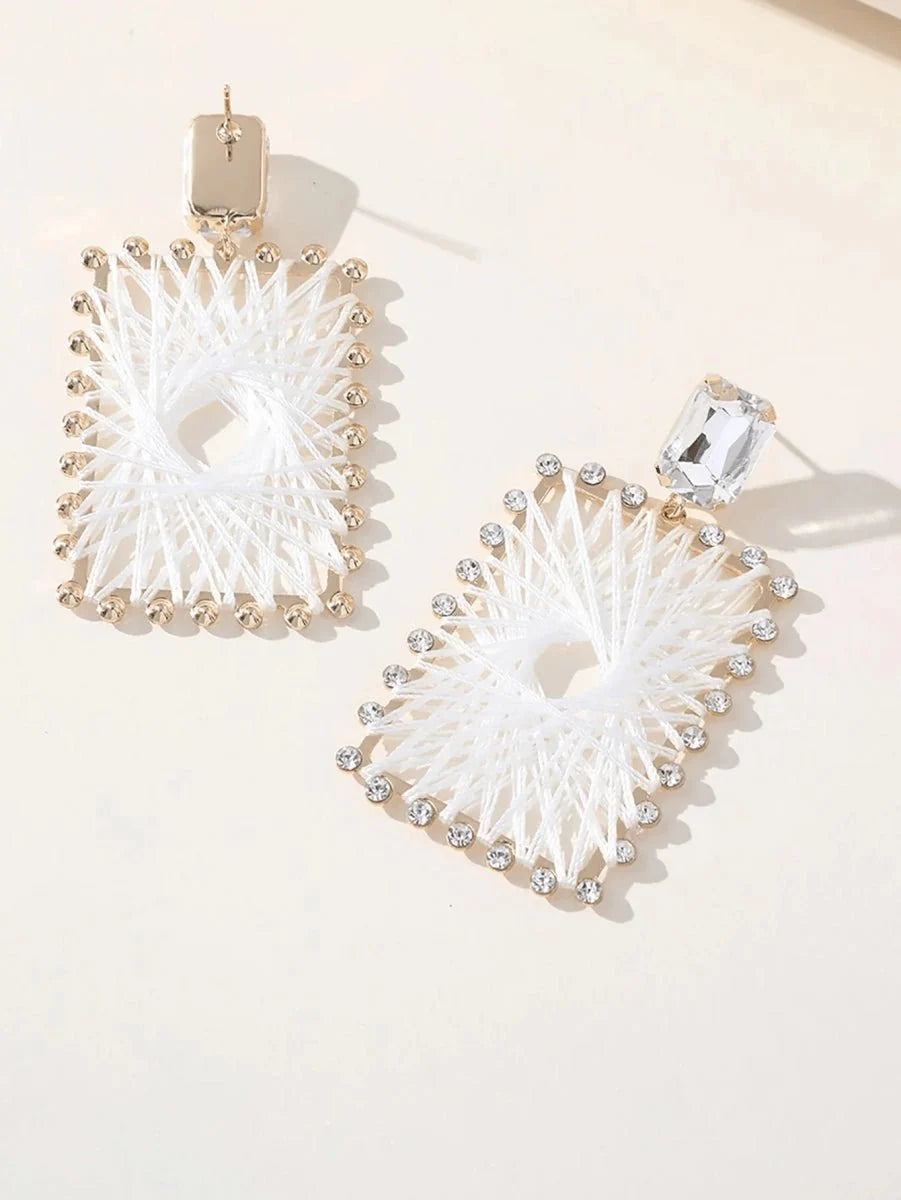 White Braided Raffia Square Earrings