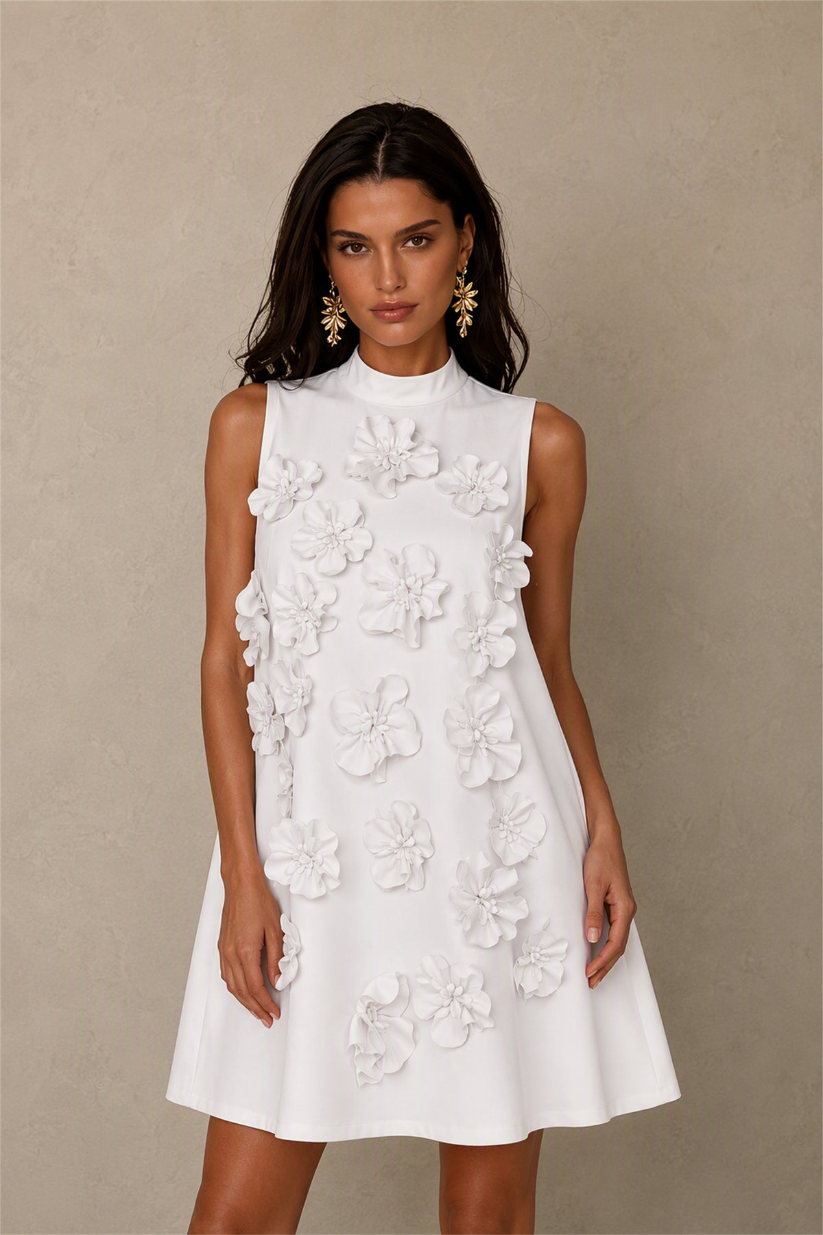 BOLODOO White 3D Floral Mock Neck Sleeveless Mini Dress | A-Line Party Dress 