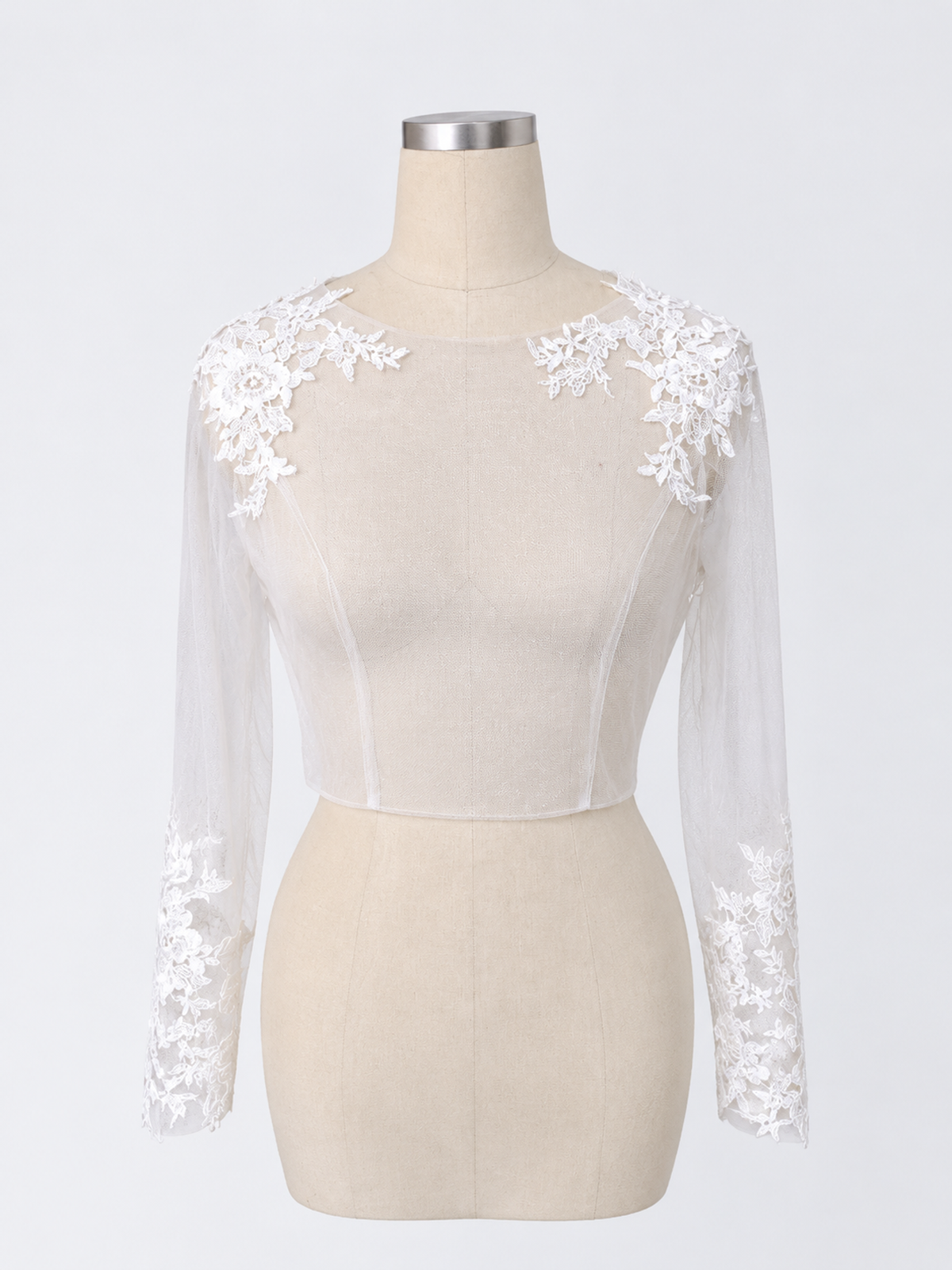 BOLODOO White Floral Lace Long Sleeve Bridal Top with Button Back 