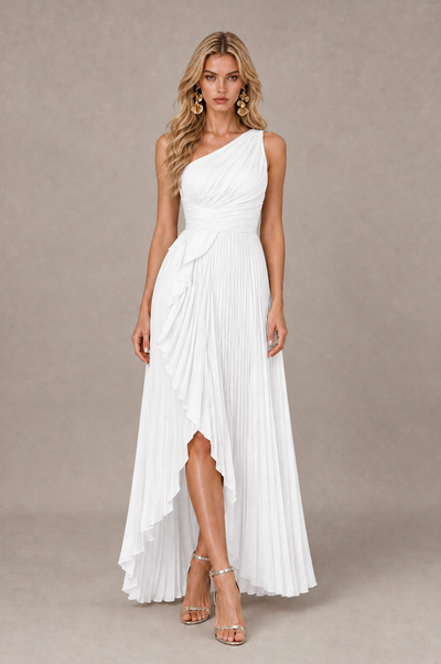 BOLODOO White One-Shoulder High-Low Ruffle Maxi Dress 