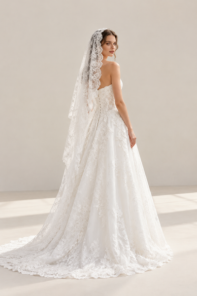 BOLODOO White Floral Lace Mantilla Bridal Veil 