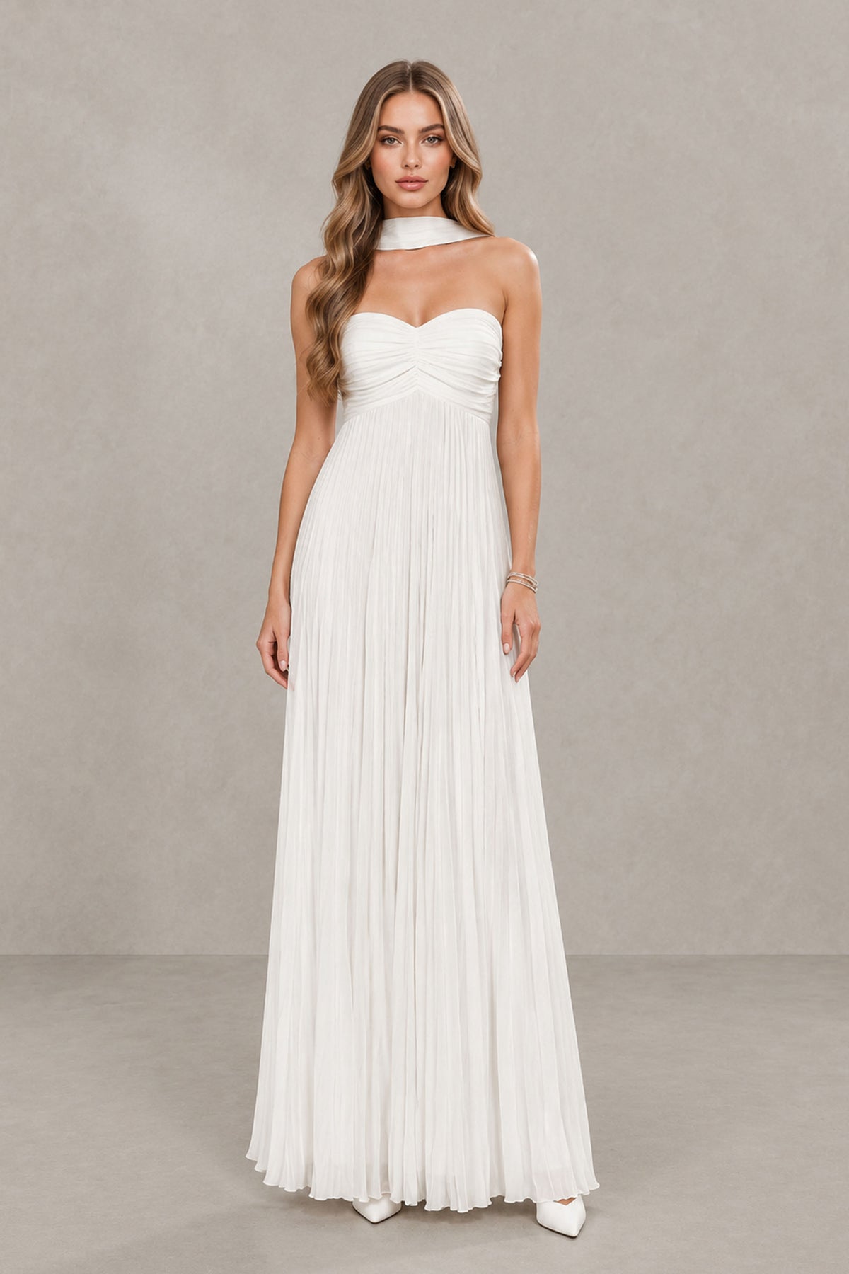 BOLODOO white strapless bridal maxi dress front view with sweetheart neckline and flowing skirt