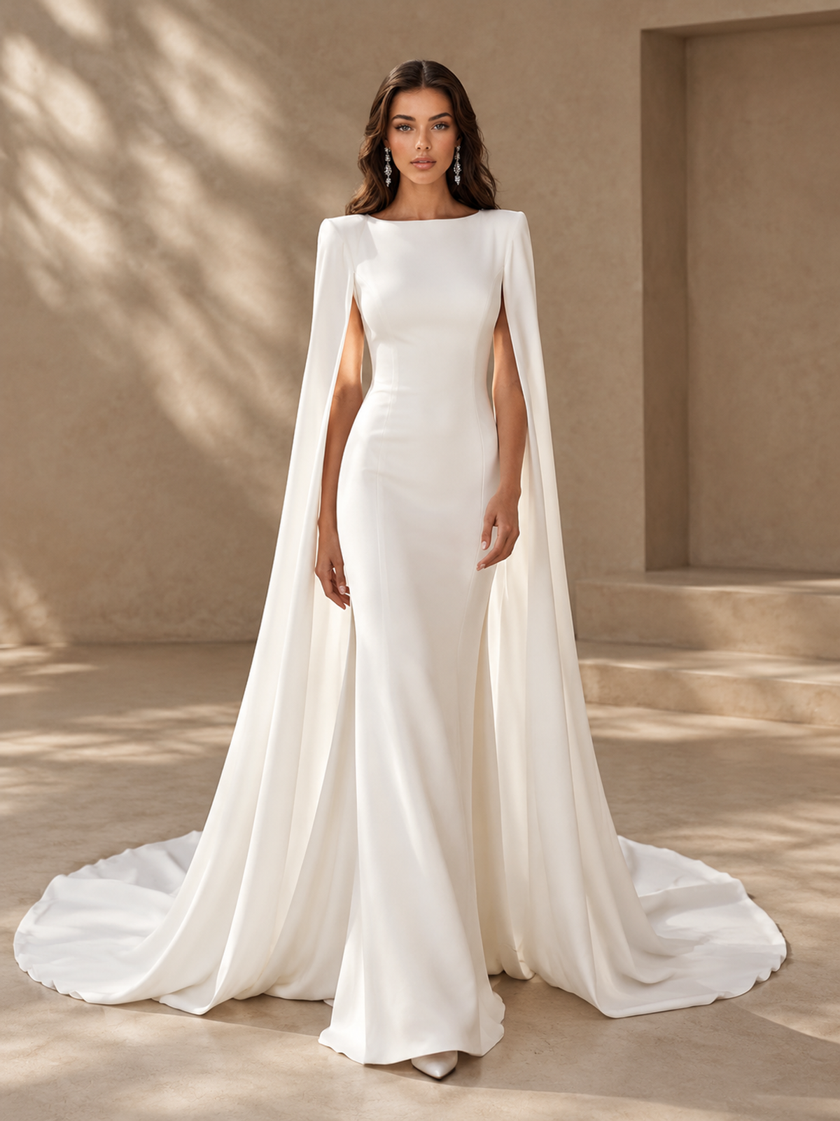 BOLODOO White Cape Sleeve Wedding Dress with Lace-Trim Open Back 