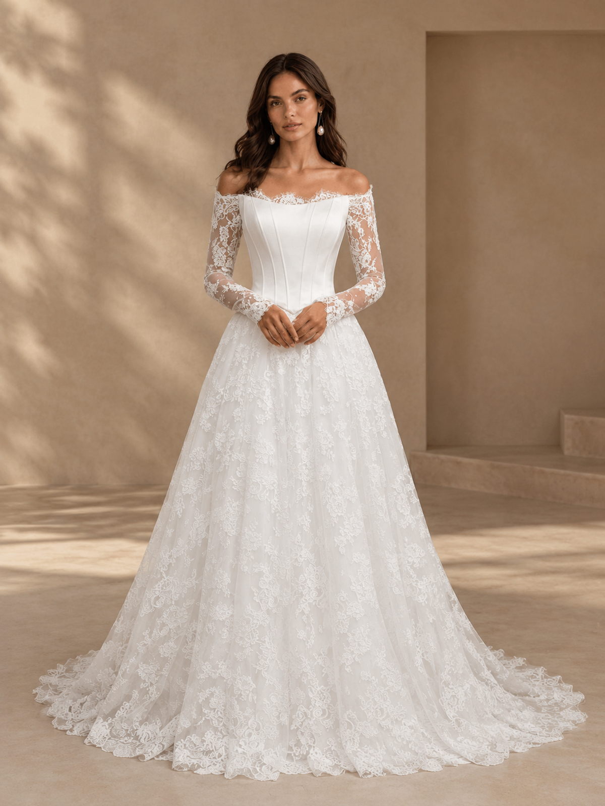 BOLODOO White Off-the-Shoulder Long Sleeve Lace A-Line Wedding Dress 