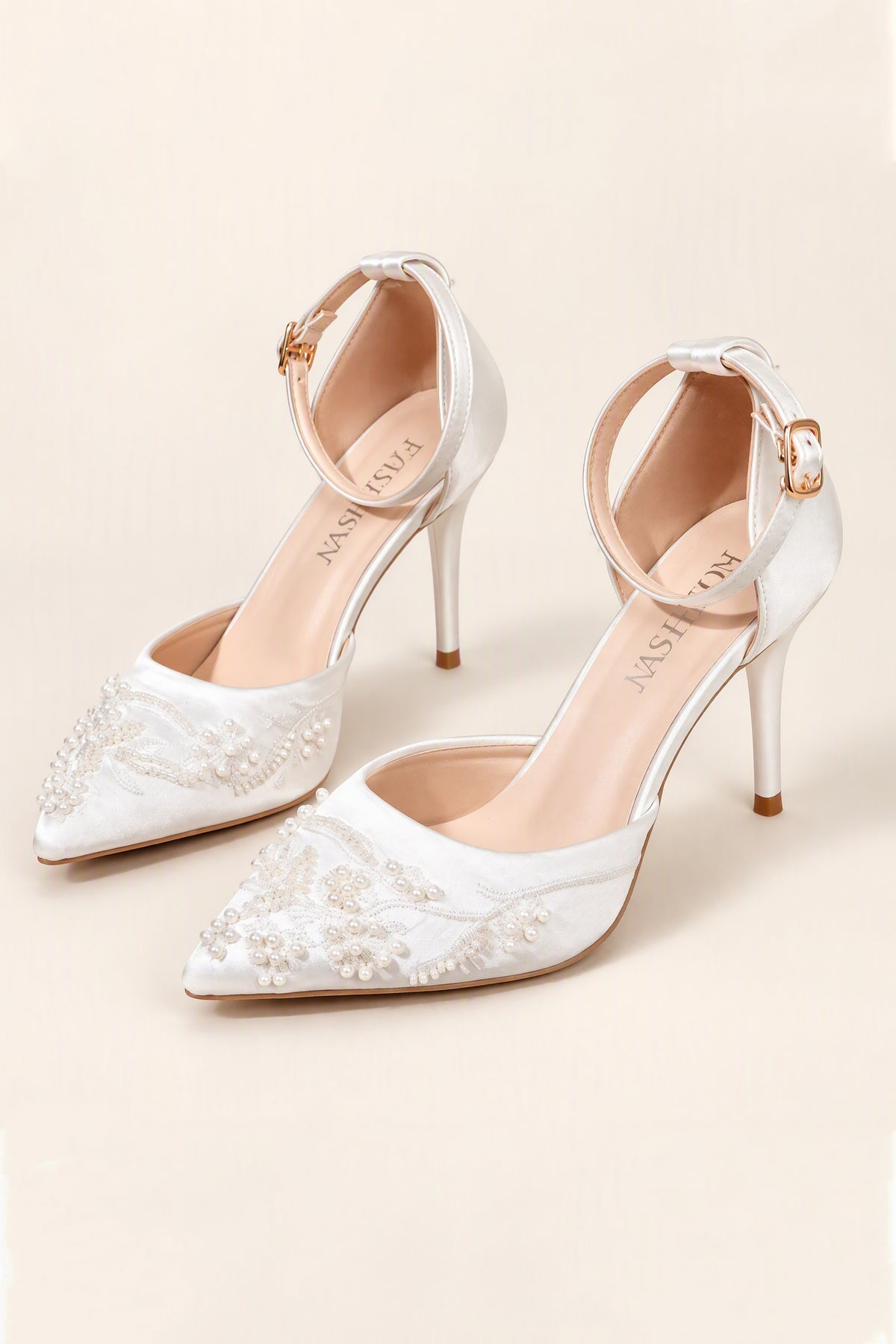 BOLODOO white pearl-embellished pointed-toe ankle-strap heels with 8.5 cm stiletto heels, full three-quarter view
