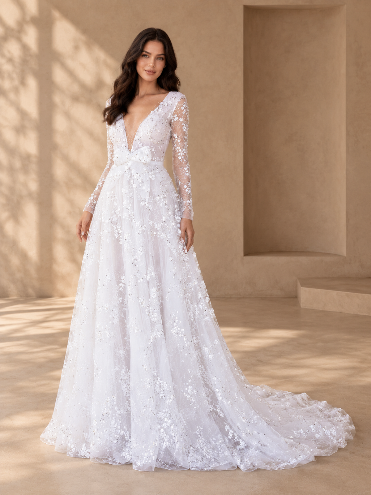 BOLODOO White Floral Lace Long Sleeve A-Line Wedding Dress with V-Back and Train 